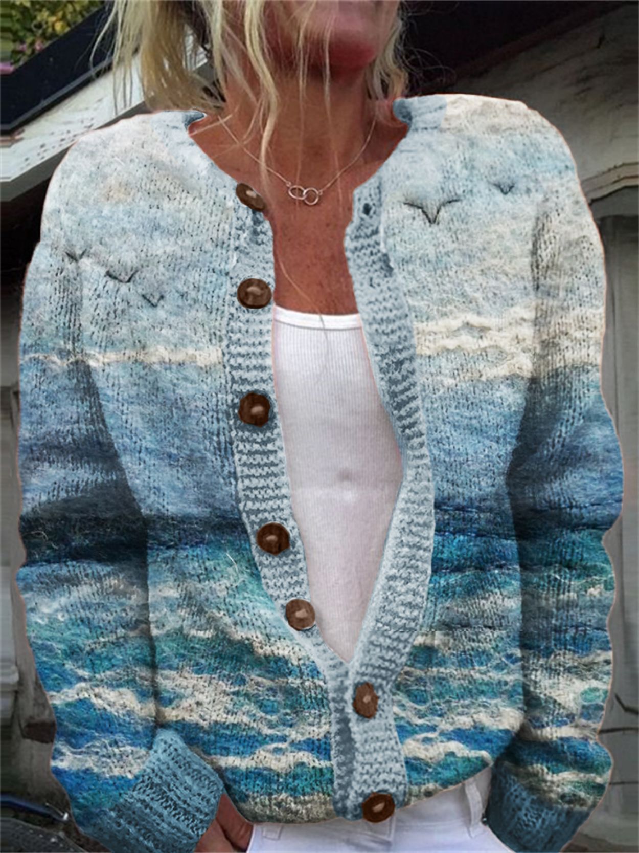 3D Digital Print Open-Front Knit Cardigan Sweater for Women