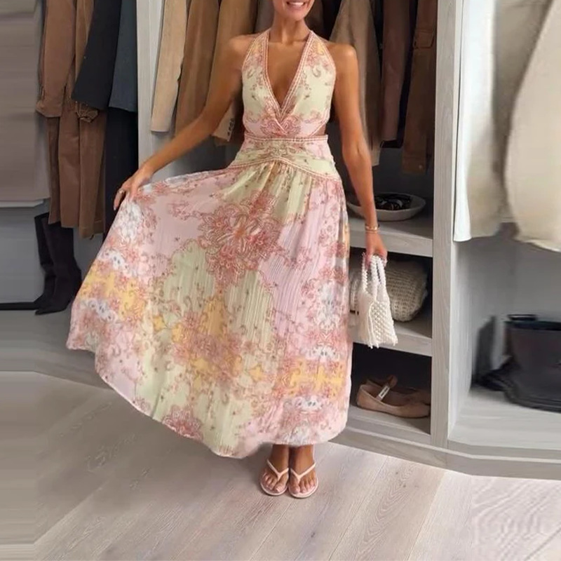 Women's Printed V-Neck Halter A-Line Long Dress
