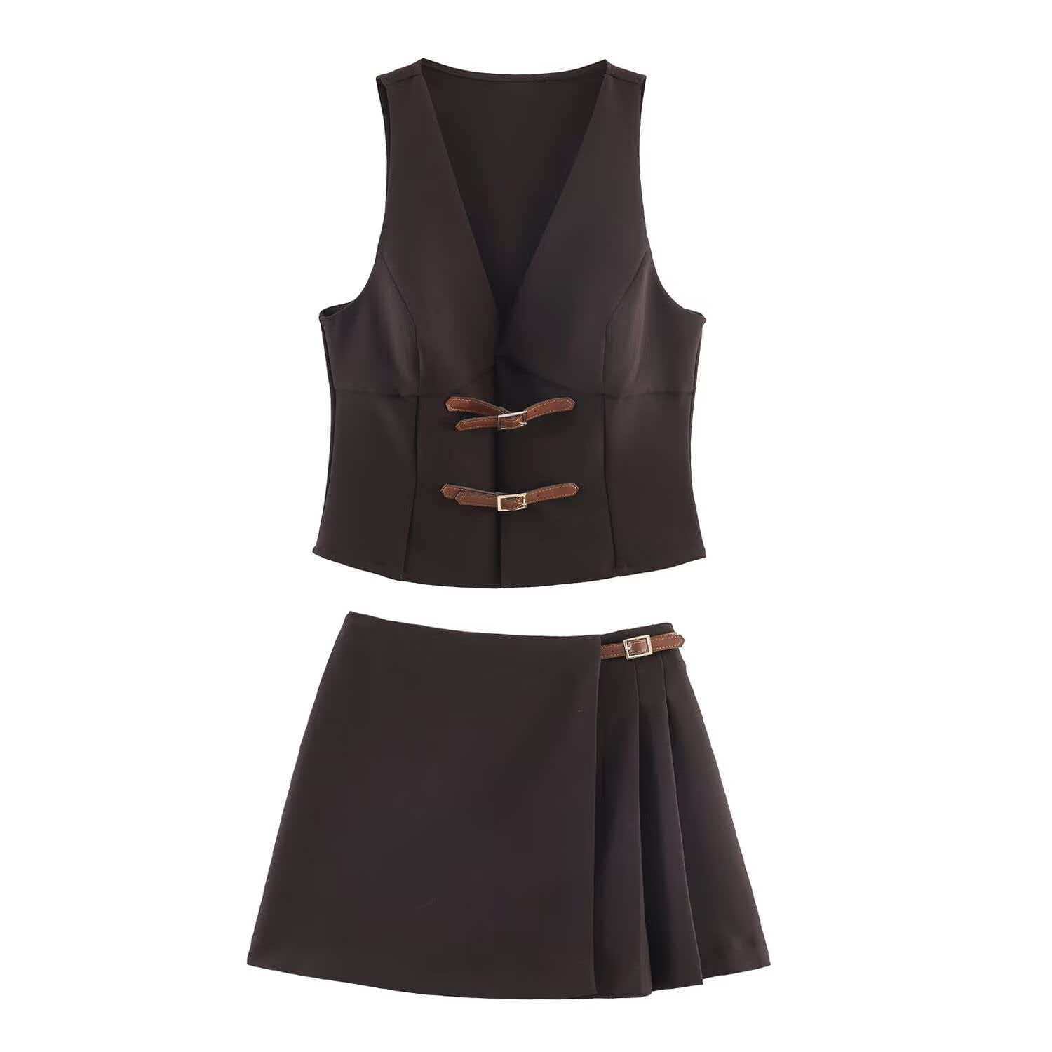 Women's V-Neck Vest and Pleated Skirt Set