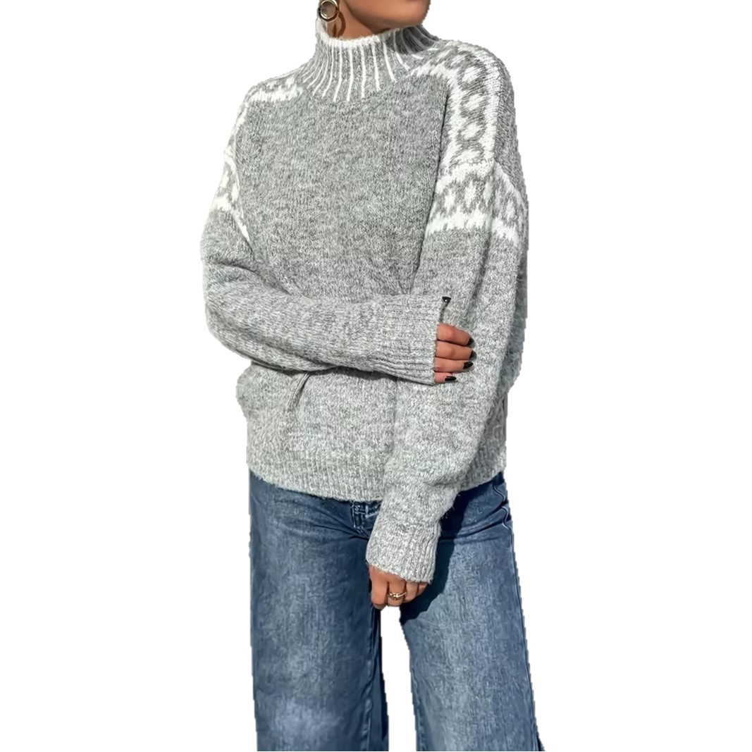 Women's Jacquard Crewneck Sweater Loose Soft Lazy Knit Top
