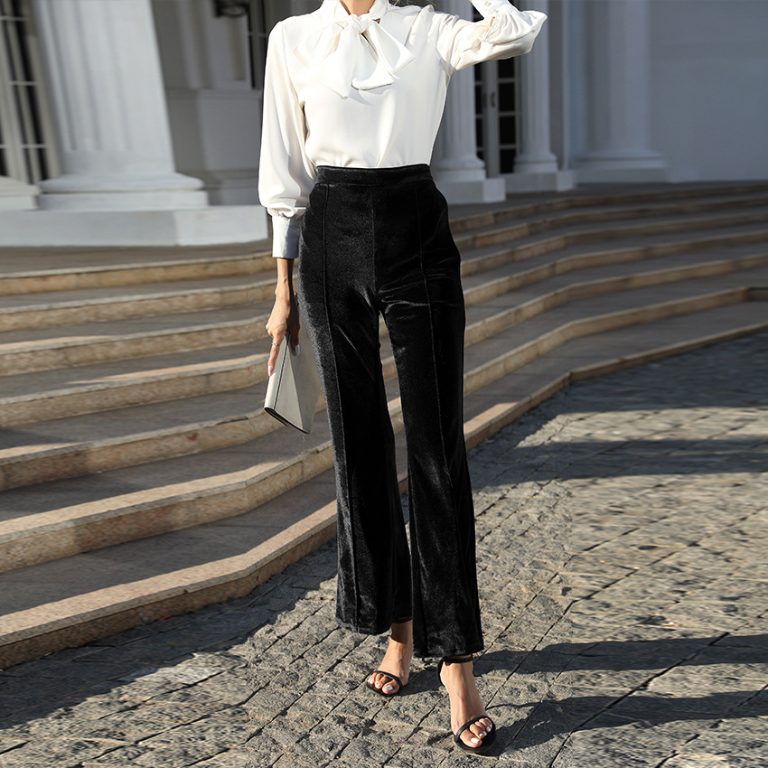 Women's High-Waist Velvet Flare Pants with Patchwork Detail