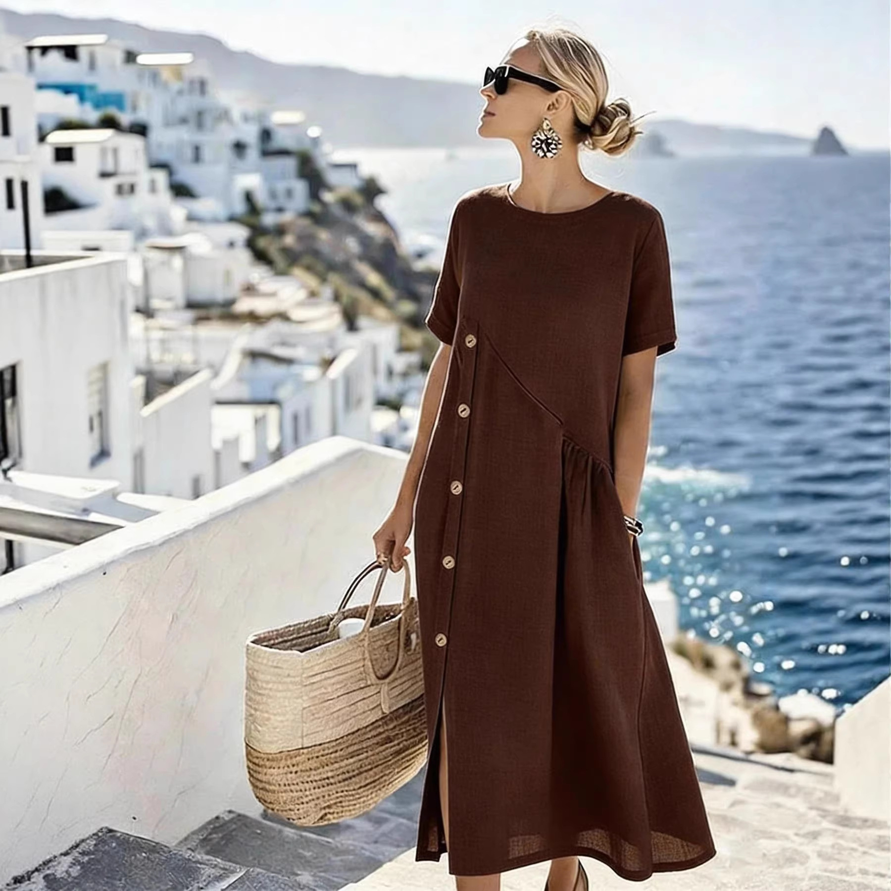 Women's Casual Button-Trim Pleated Midi Dress with Pockets