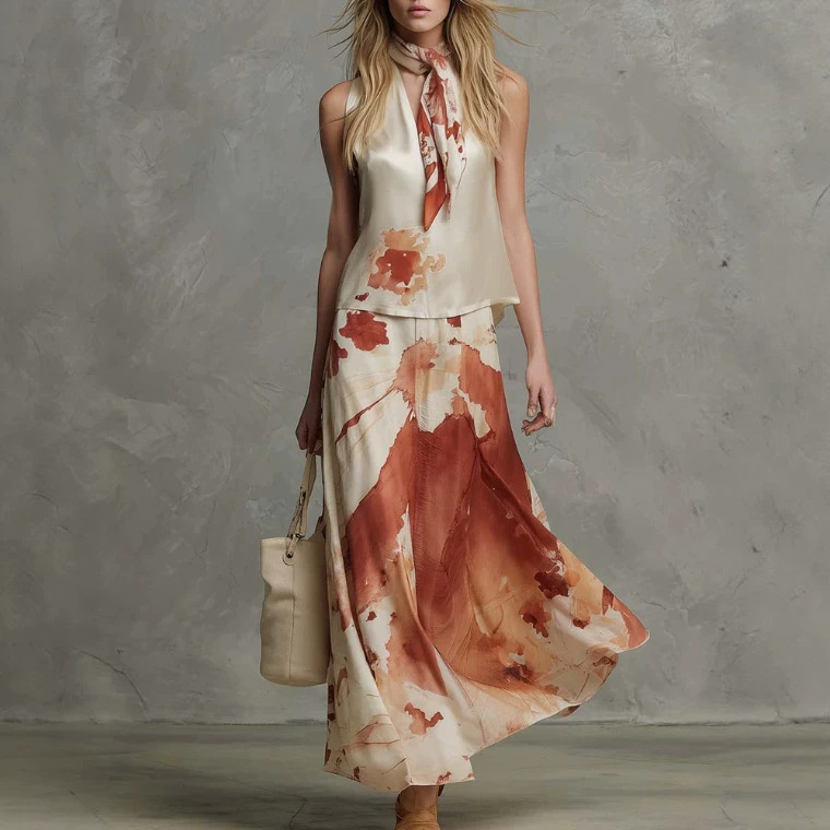 V-Neck Watercolor Print Satin Long Skirt Set