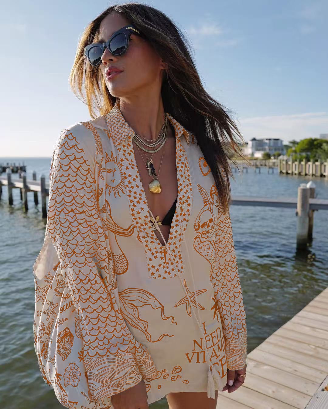 Printed Low-Neck Long-Sleeve Top and Shorts Two-Piece Set