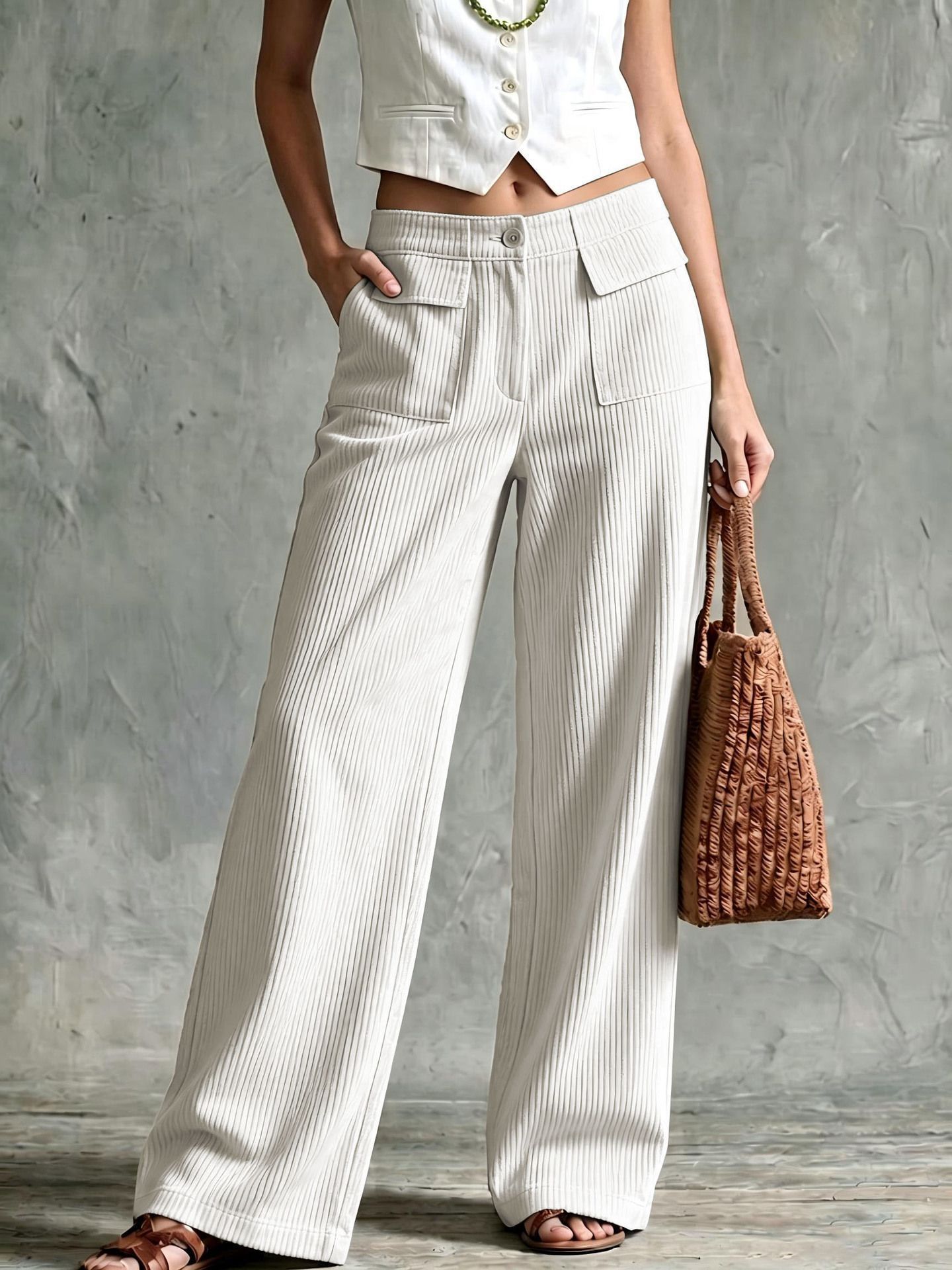 Women's High-Waist Corduroy Wide-Leg Pants Solid Color Casual