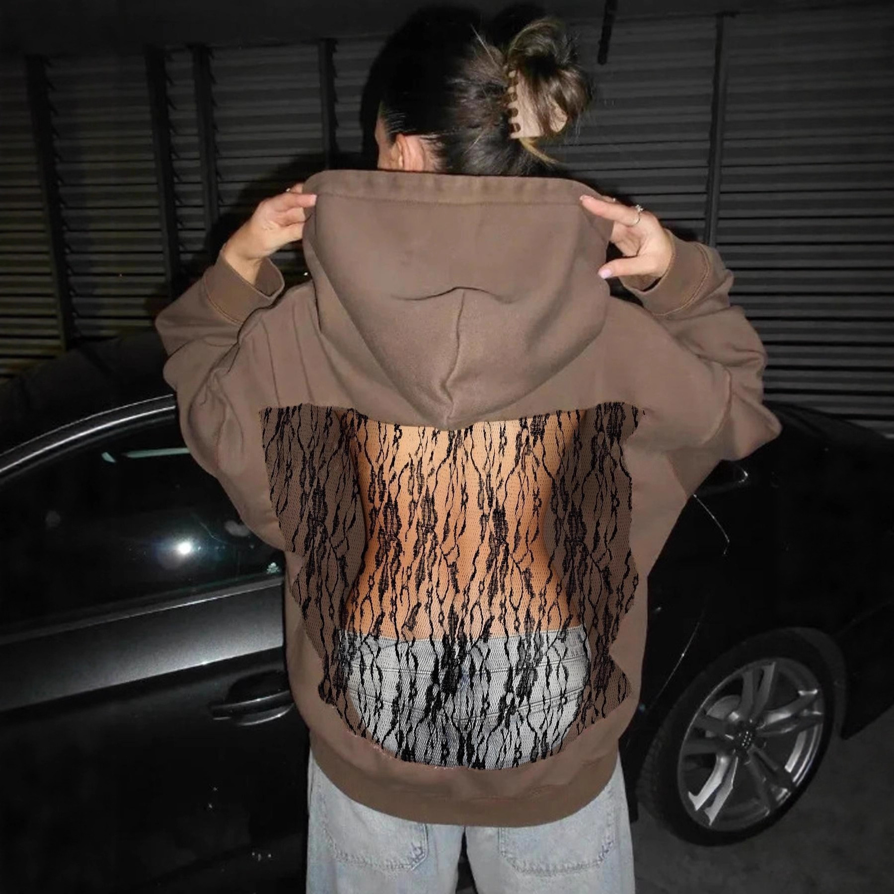 Women's Solid Color Open Back Cutout Mesh Hoodie