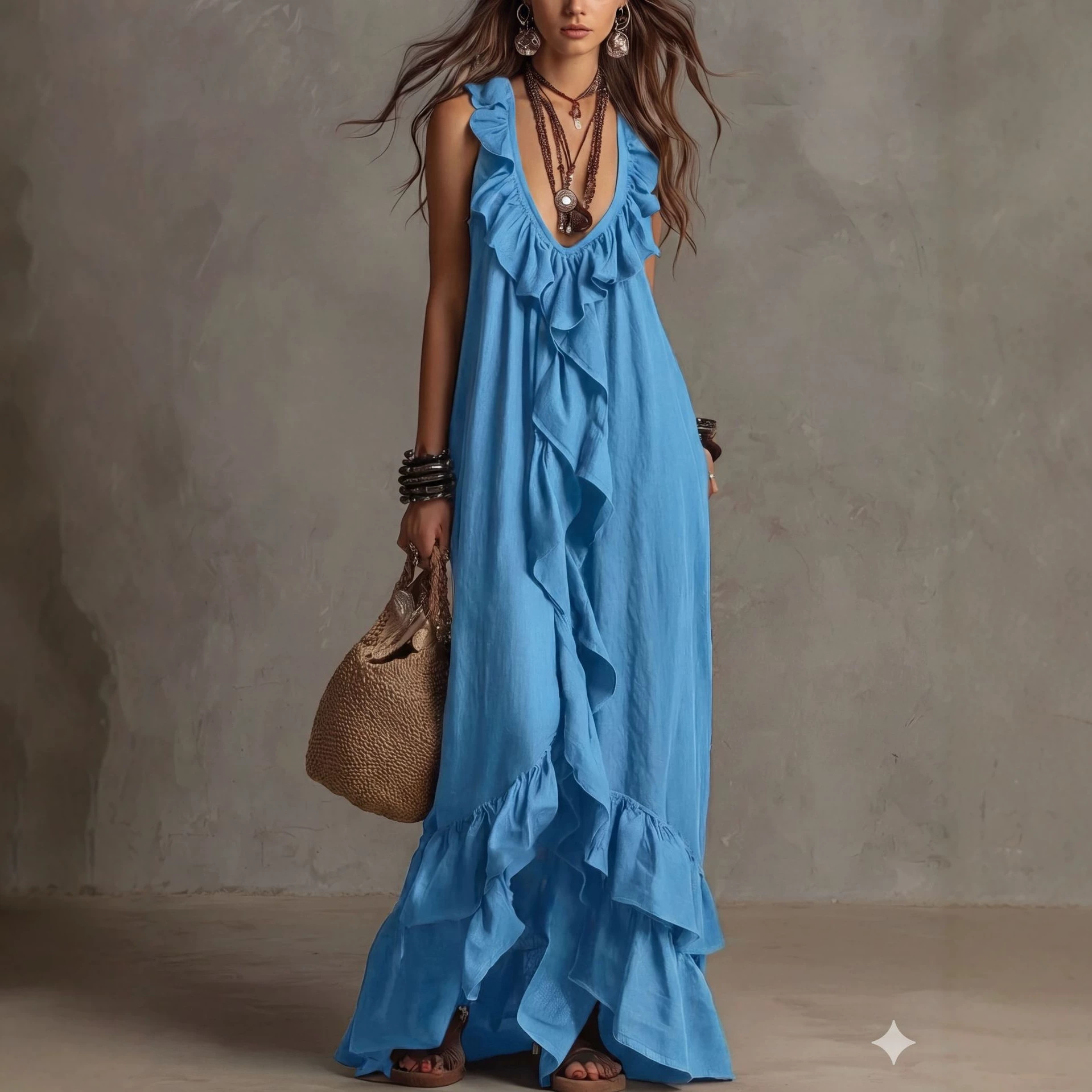 Boho V-Neck Ruffle Short Sleeve A-Line Midi Dress