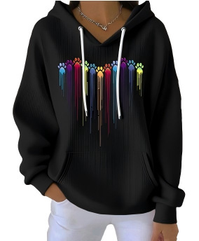 Women's Striped Hooded Long-Sleeve Sweatshirt with Cartoon Digital Print
