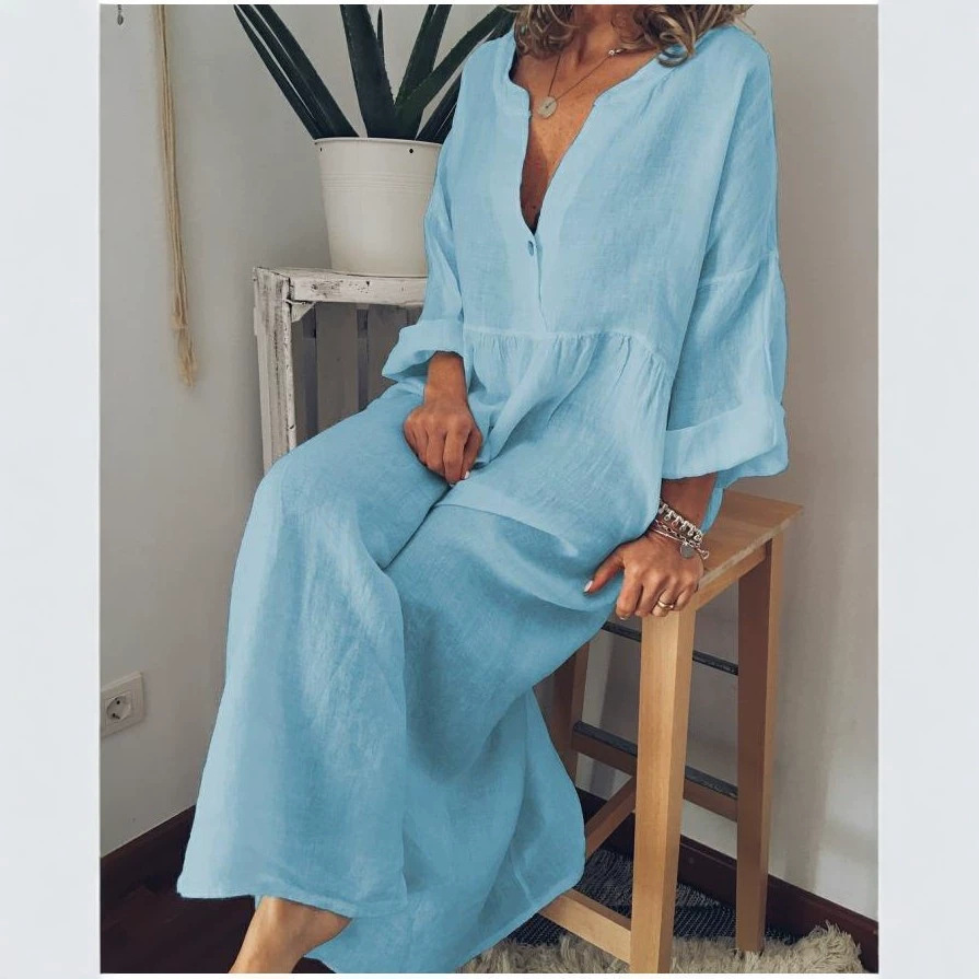Solid Long Sleeve V-Neck Button A-Line Maxi Dress