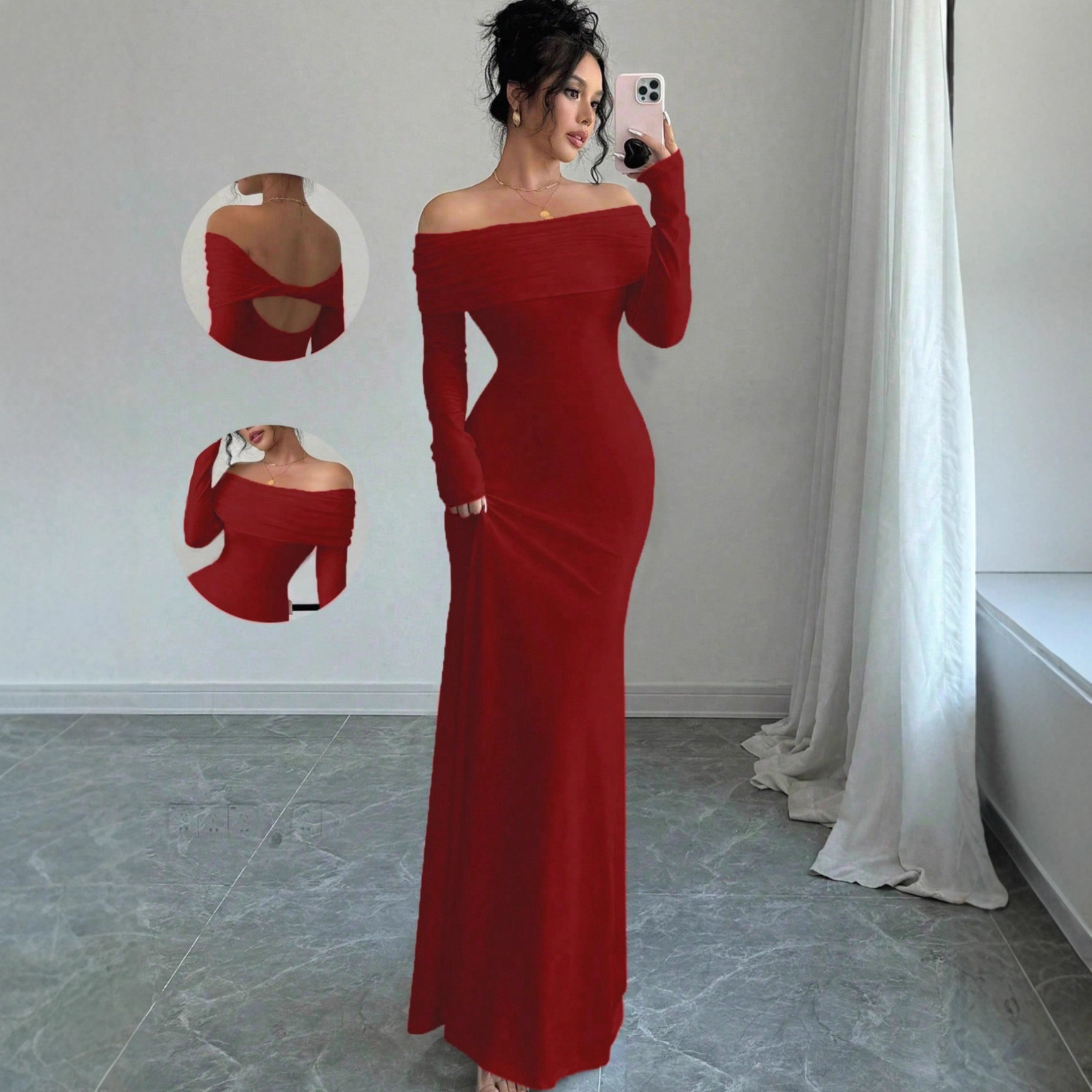 Women's Off-Shoulder Cross Backless Long Dress Elegant Evening Gown