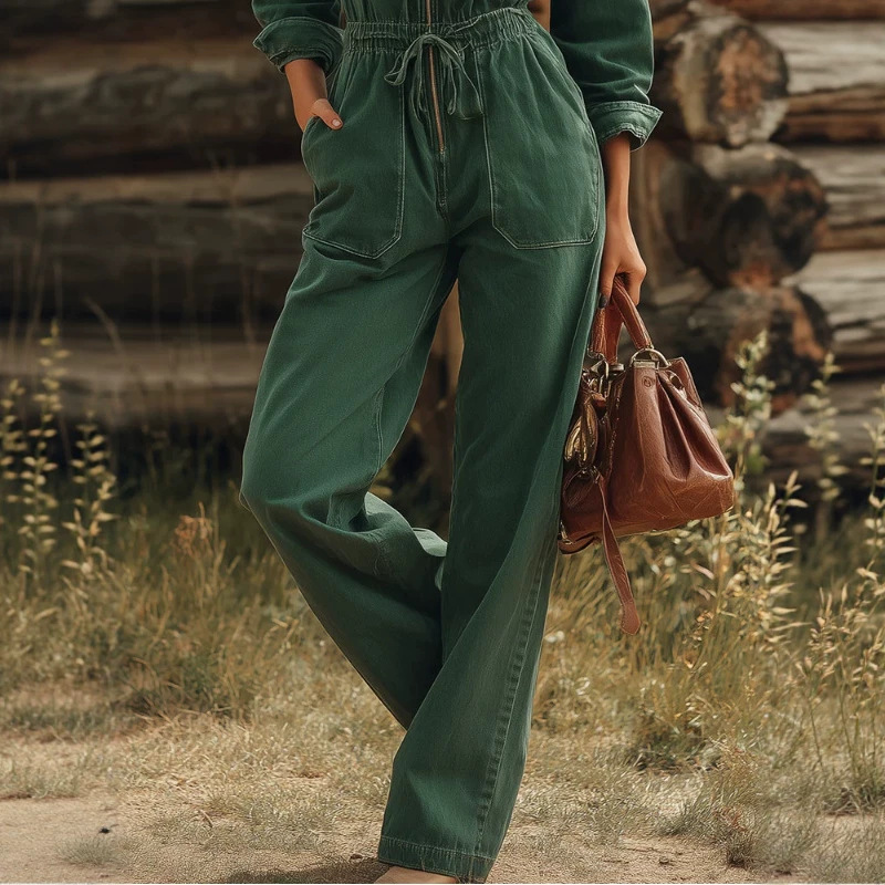 Retro American-Style Collared Zip-Up Straight-Leg Jumpsuit