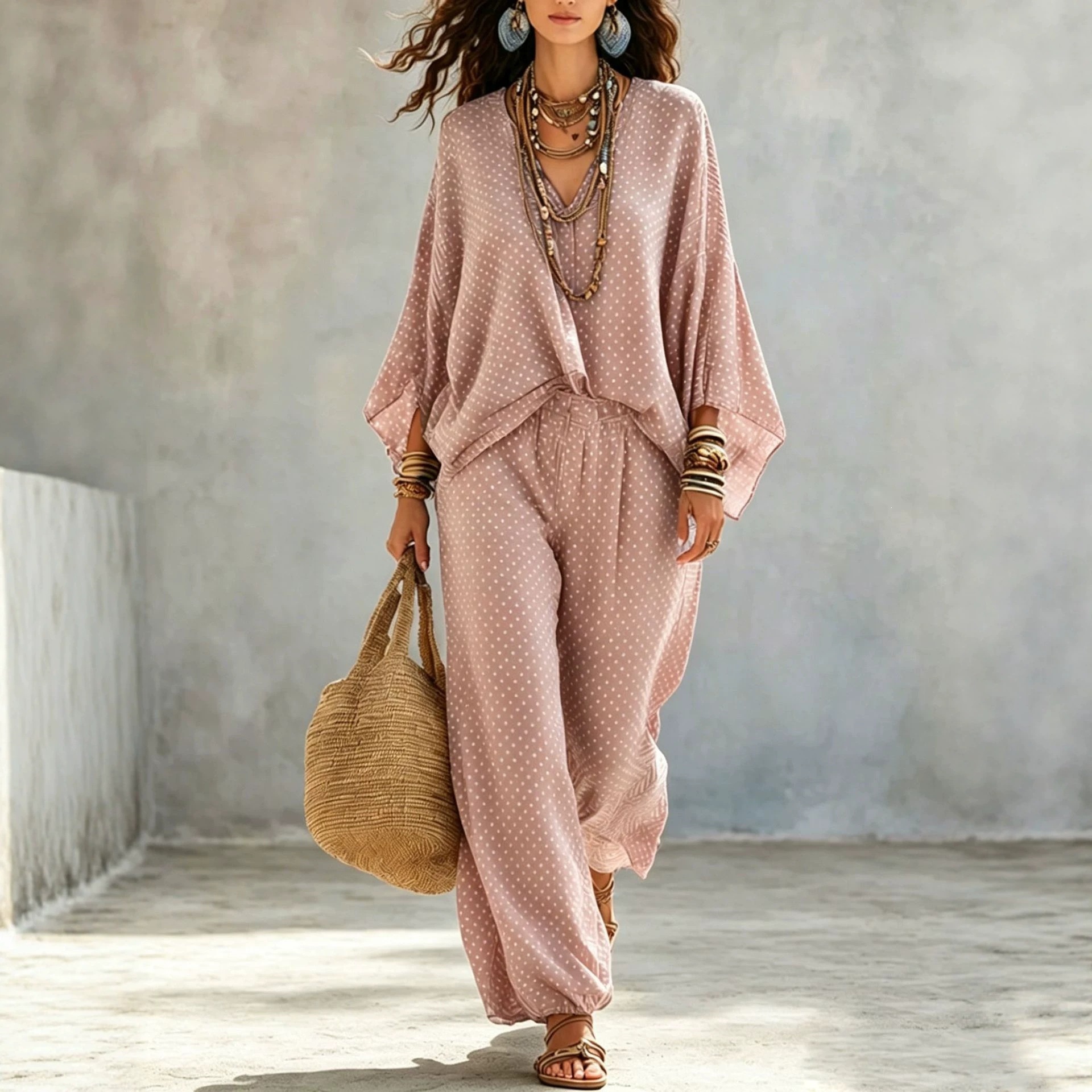 Women's Vintage Print Batwing Sleeve Top and Jogger Pants Set