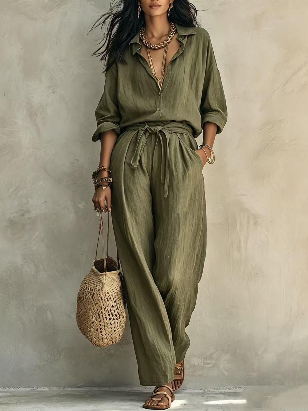 Textured Crinkle Wide-Leg Shirt and Pants Set with Tie