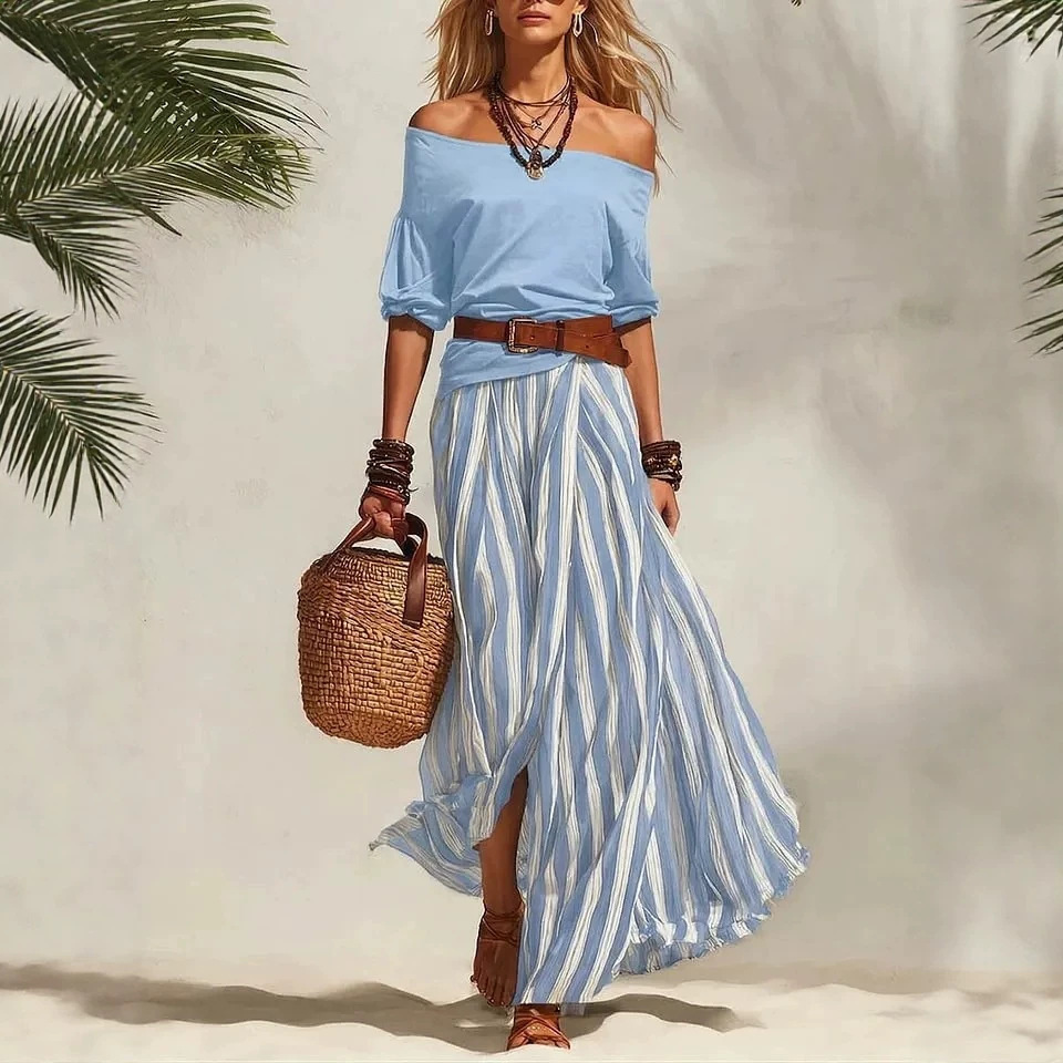 Off-Shoulder Top and Slit Skirt Women's Set