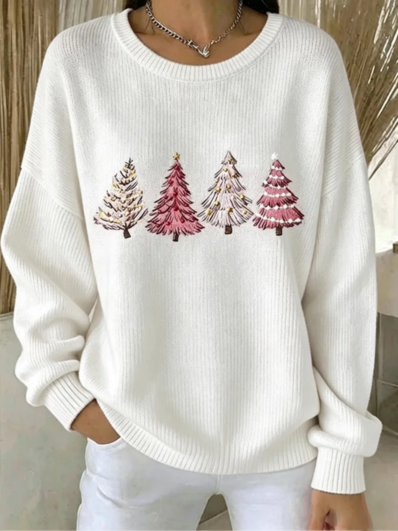 Forest Tree Print Crewneck Long Sleeve Pullover Sweatshirt
