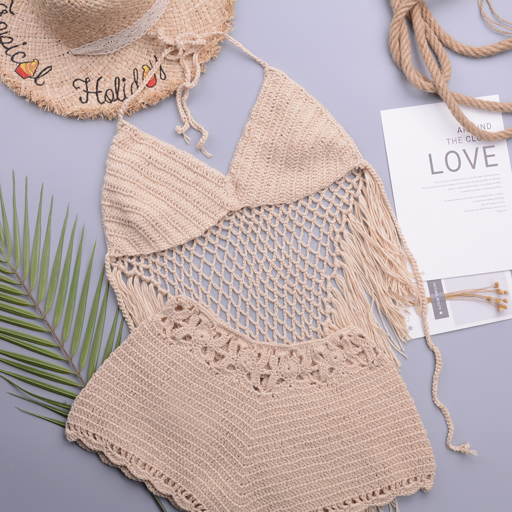Women's V-Neck Halter Tassel Cami Knit Top and Shorts Set Sexy Backless Two-Piece