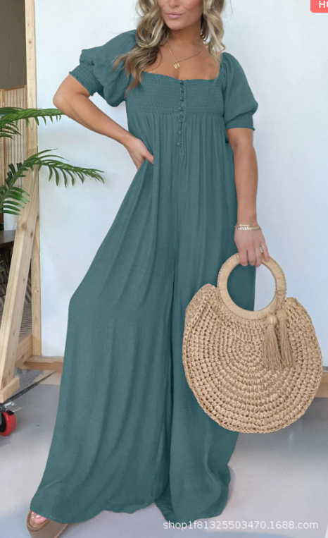 Plus Size Solid Color Puff Sleeve Ruched Jumpsuit