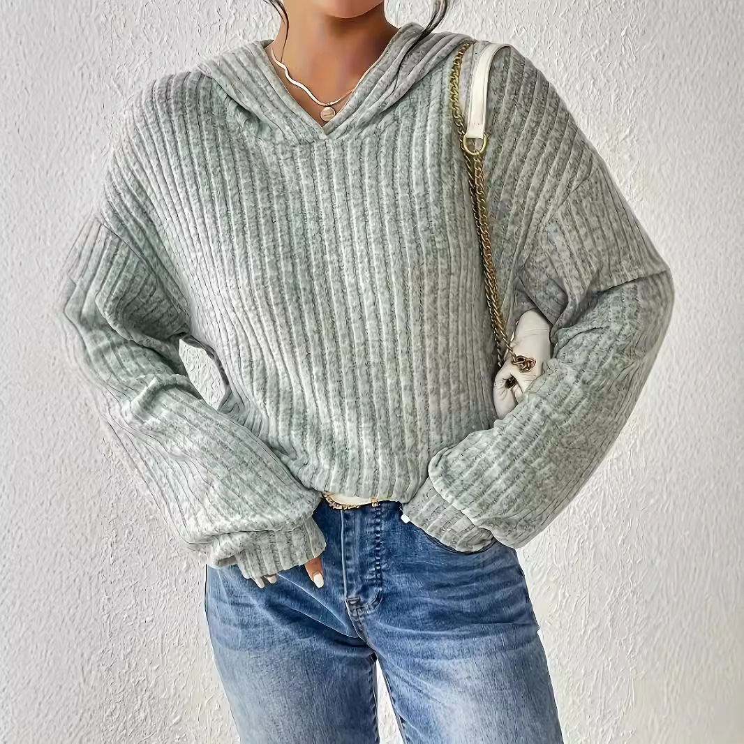 Women's Loose Solid Color Long Sleeve Ribbed Hooded Sweatshirt