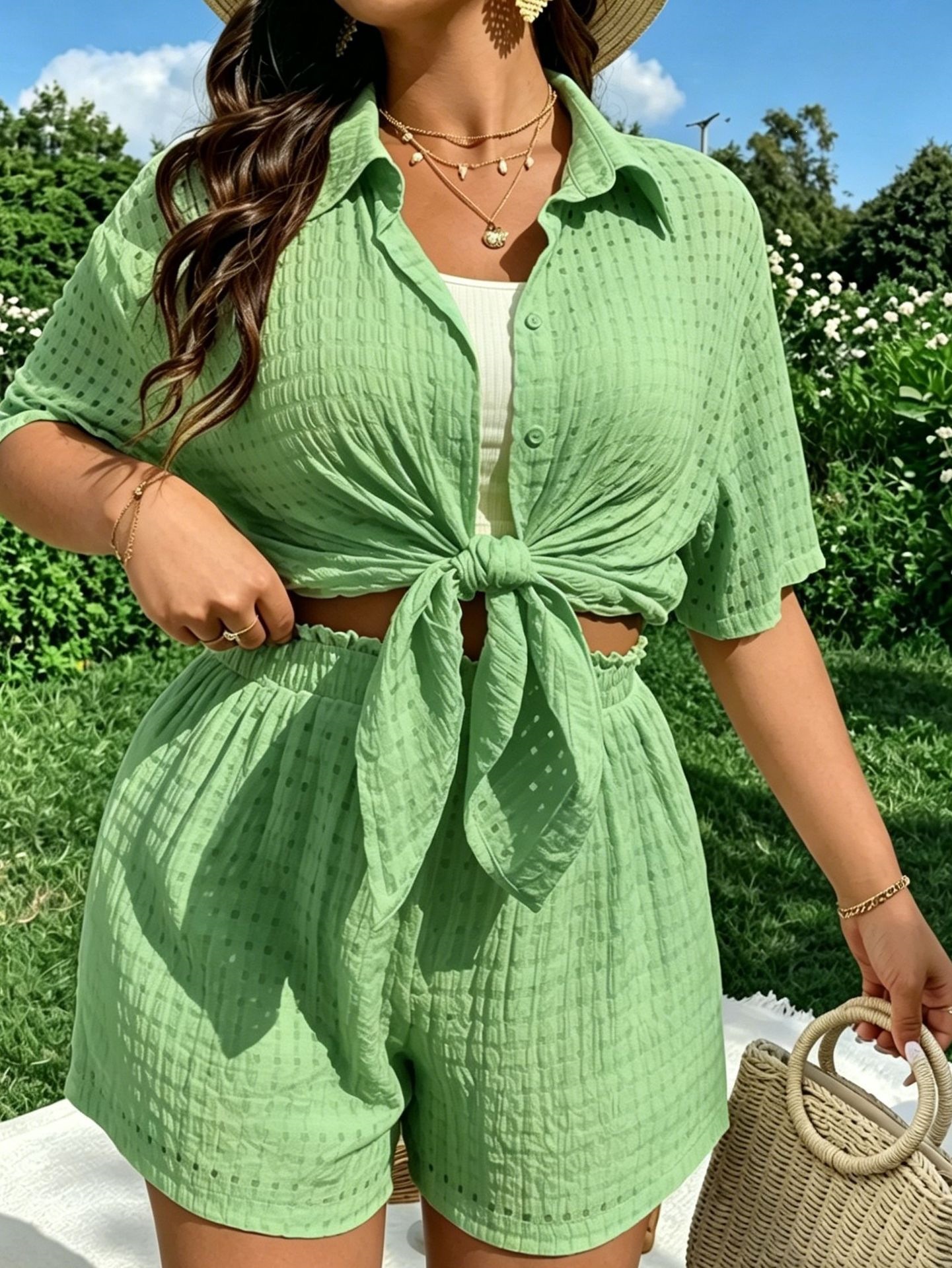 Women's Plus Size Plaid & Solid Two-Piece Set – Short Sleeve Open-Front Top and Shorts, Breathable Casual