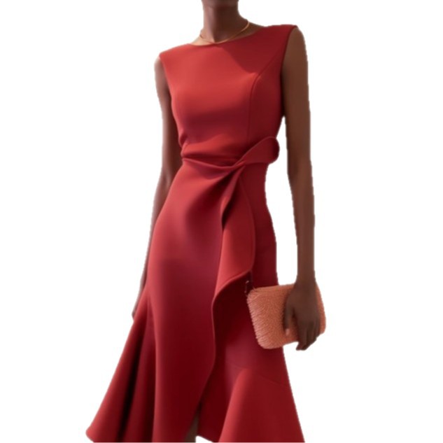 Women's Sleeveless Red Maxi Dress with Round Neck and High Waist