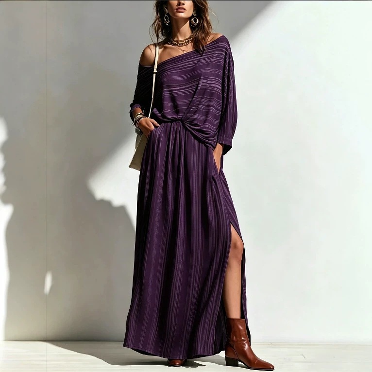 Striped Off-Shoulder Batwing Sleeve Top and High-Waist Long Skirt Set