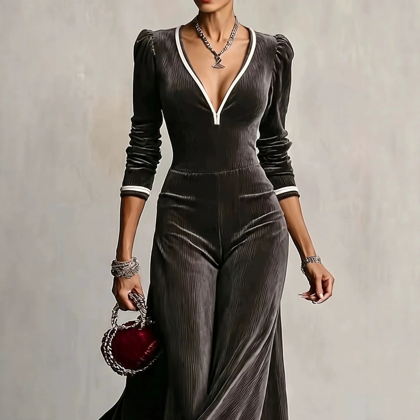 Dark Gray Striped Velvet V-Neck Bubble Sleeve Maxi Dress