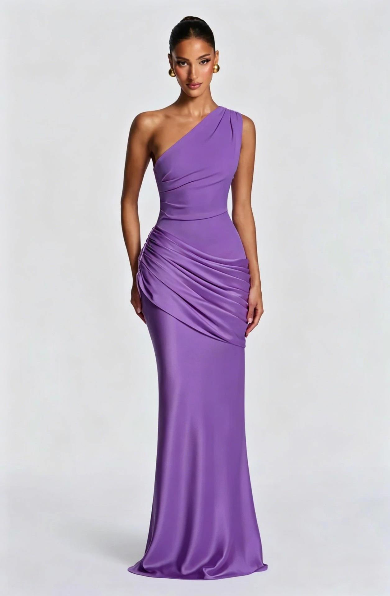 One-Shoulder Ruched Satin Bodycon Maxi Dress