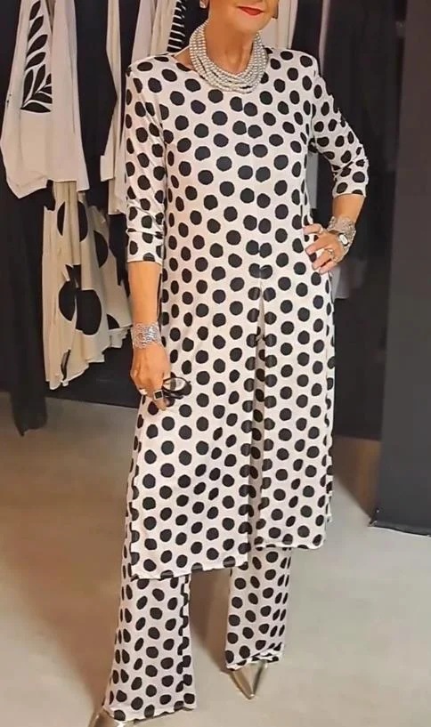 Polka Dot Round Neck Slim Fit Slit Long Top & Pants Set