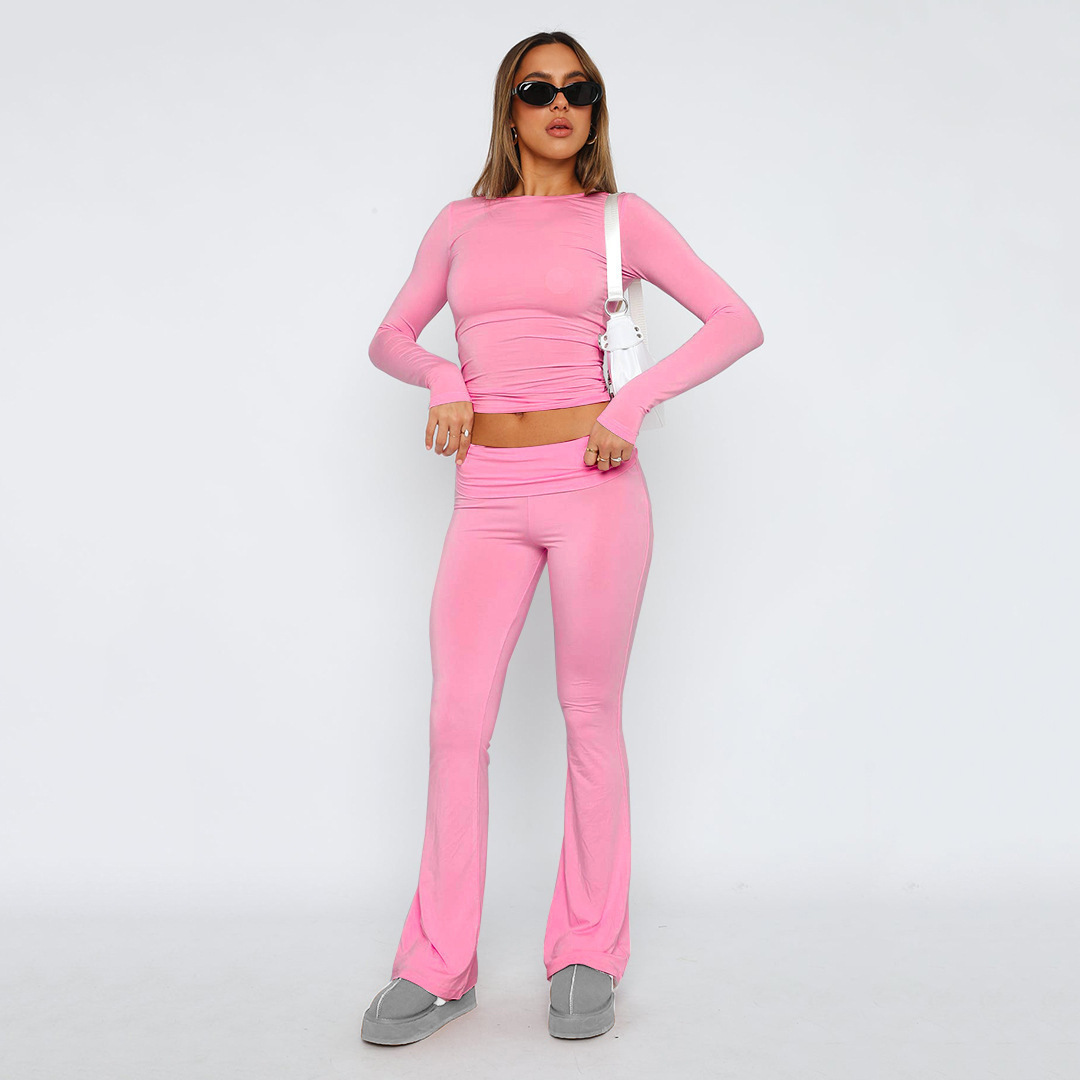 Women's Solid Color Long Sleeve Top and Pants Two-Piece Set
