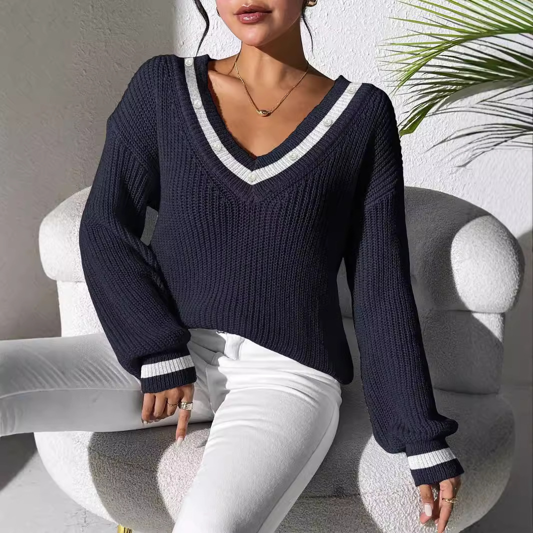 Preppy Colorblock V-Neck Beaded Knit Sweater