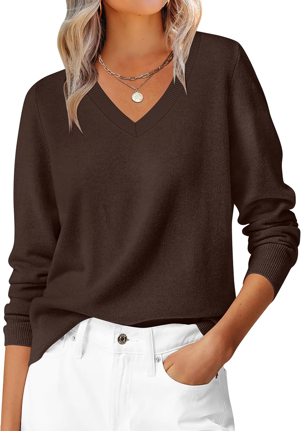 Women's Long Sleeve V-Neck Sweater Soft Loose Pullover Classic Casual