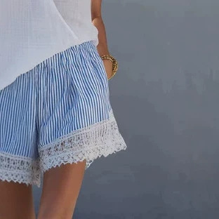 Women's White Sleeveless Top and Blue Striped Shorts Set