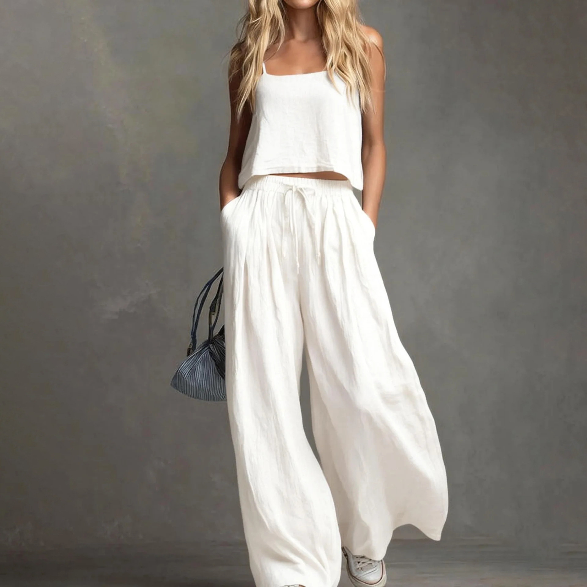 Women's Solid Sleeveless Cami Top and Wide-Leg Pants Set