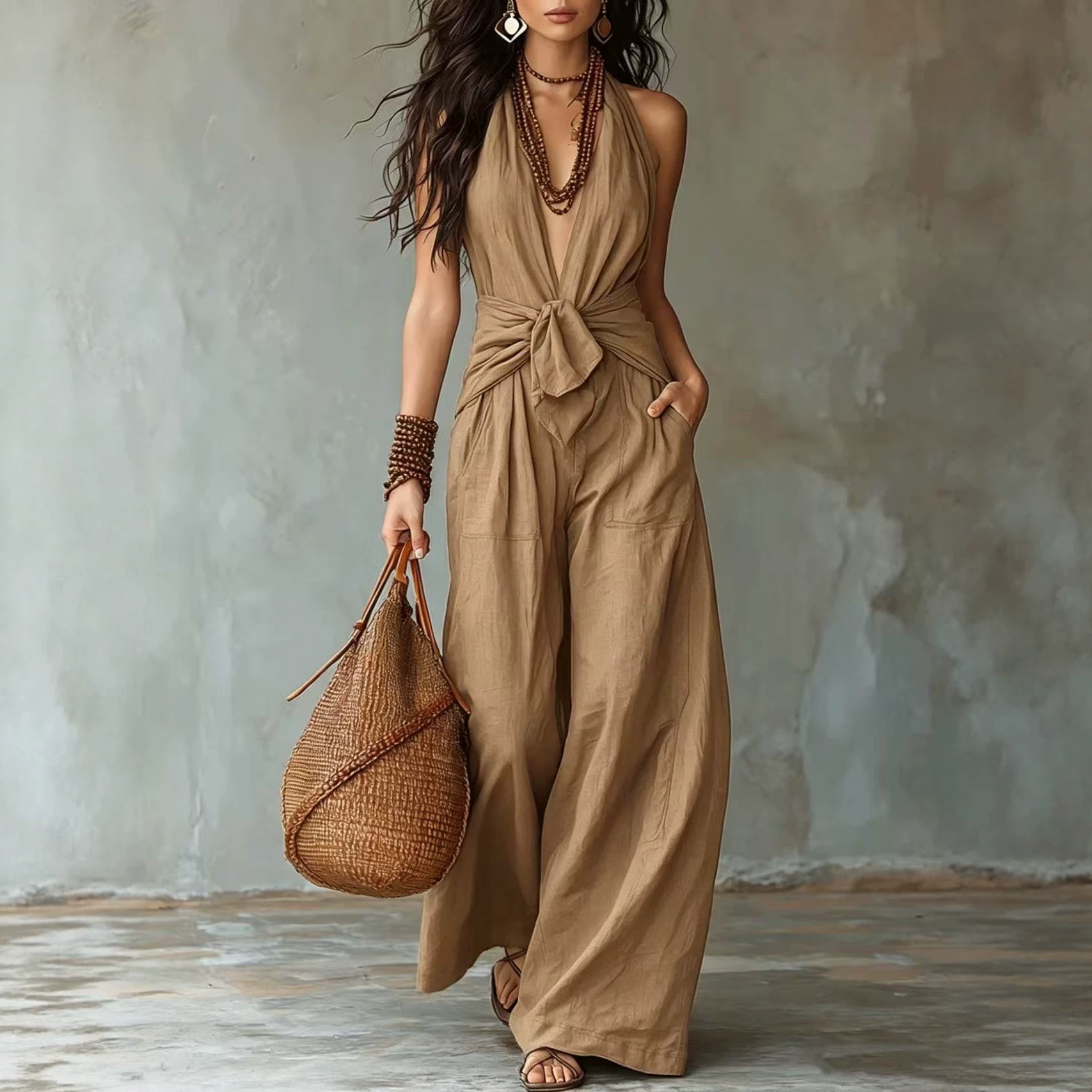 Sleeveless Halter Tie-Waist Wide-Leg Jumpsuit