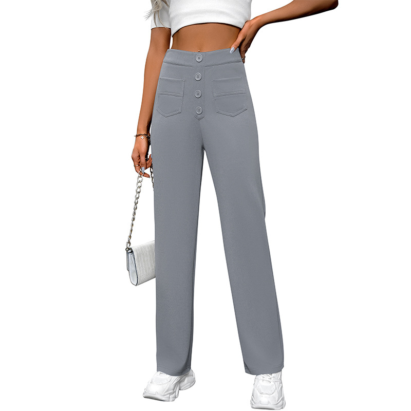 High-Waist Wide-Leg Button Pants with Pockets Casual Straight-Leg Trousers