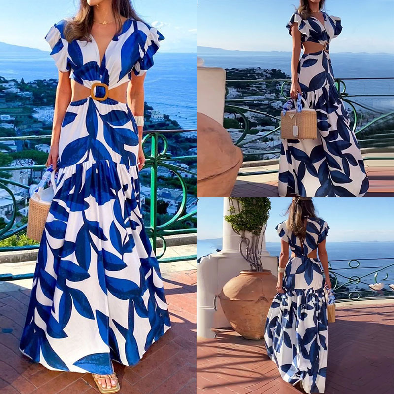 Women's V-Neck Cutout Floral Print Maxi Dress