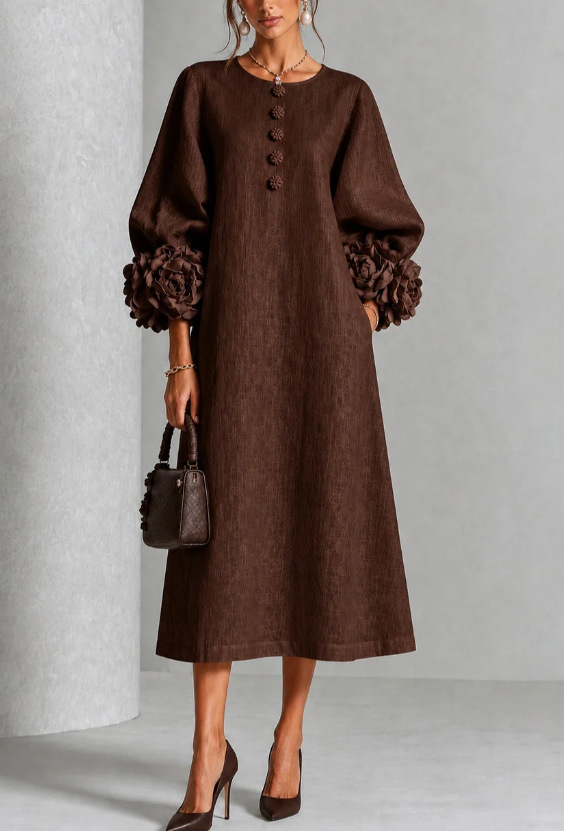 French 3D Floral Lantern Sleeve Cotton Linen Midi Dress