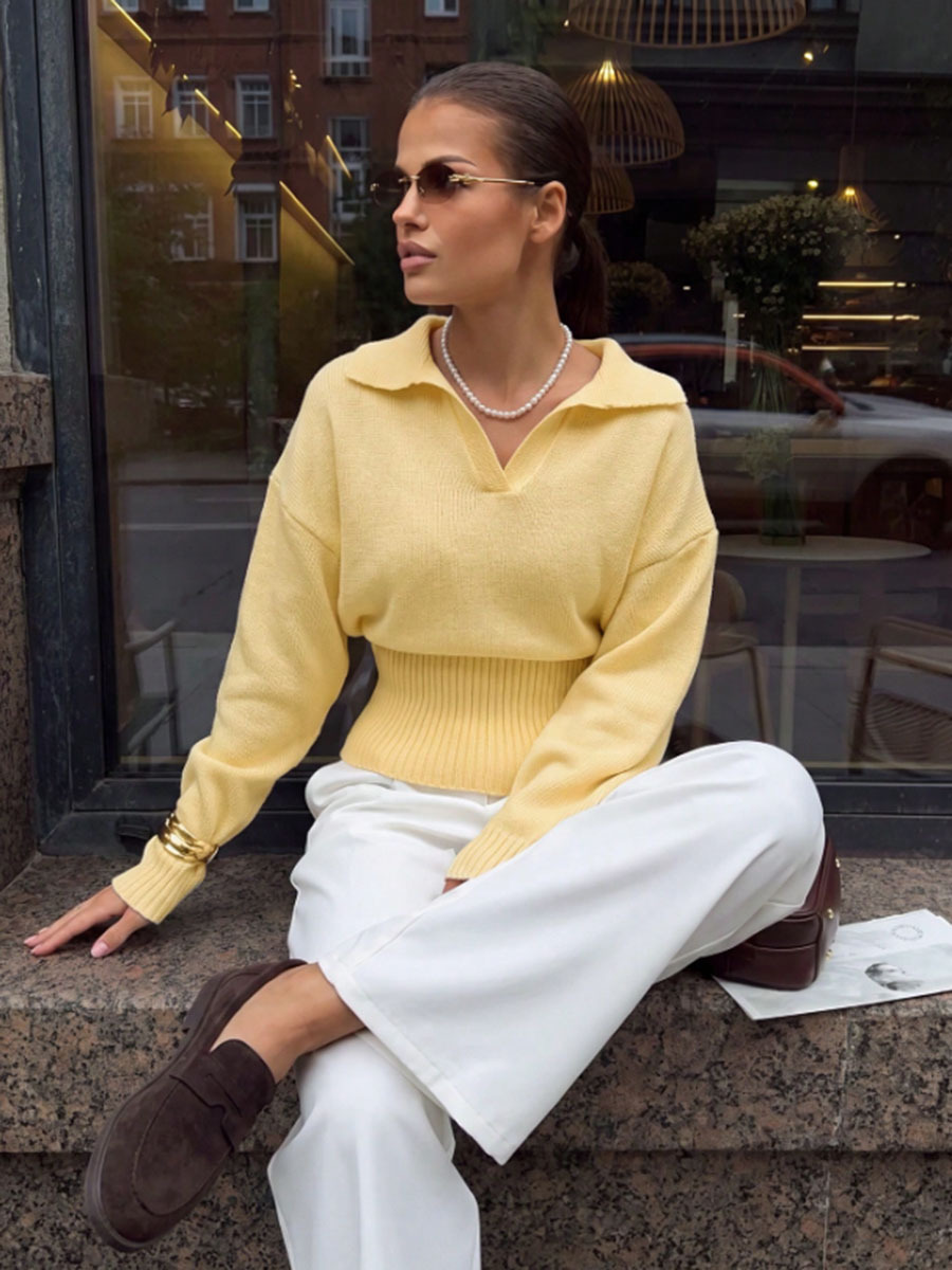 Women's V-Neck Fitted Waist Loose Long Sleeve Pullover Top