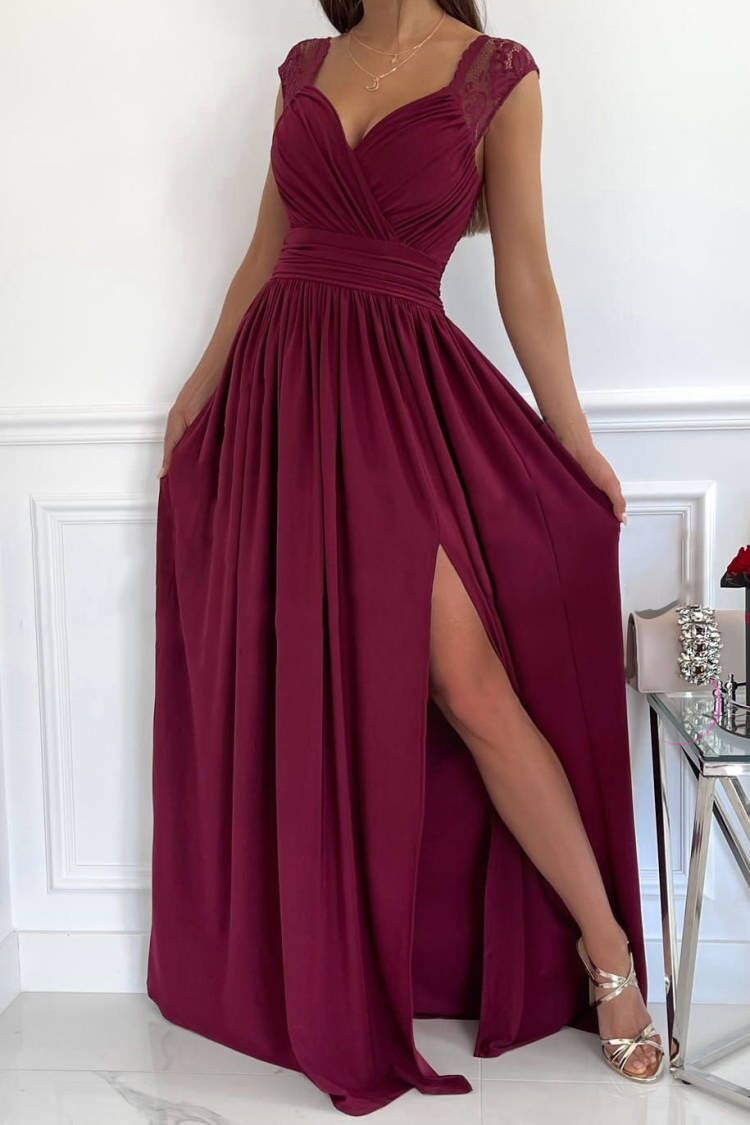 Sleeveless Lace Open-Back Slit Long Dress