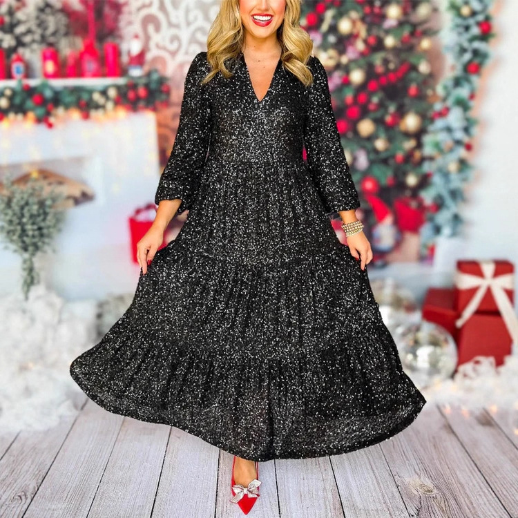 Sequin Long Sleeve Midi Dress V-Neck Slim Fit Elegant Party Dress Black