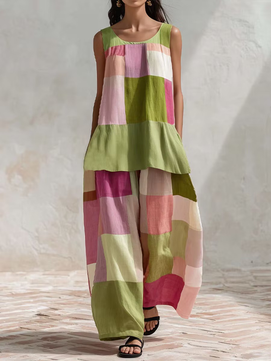 Boho Colorblock Print Sleeveless Shirt & Pants Set