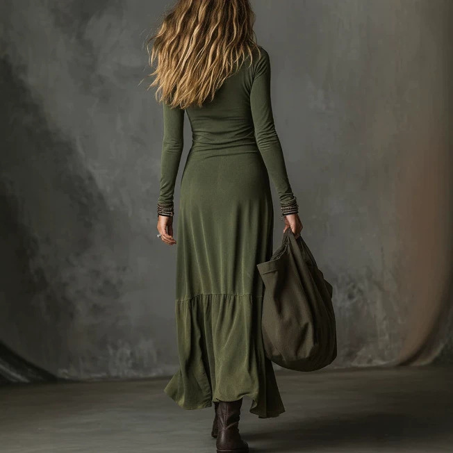 Green Fringe Slim Fit Long Sleeve V-Neck Asymmetric Slit Maxi Dress