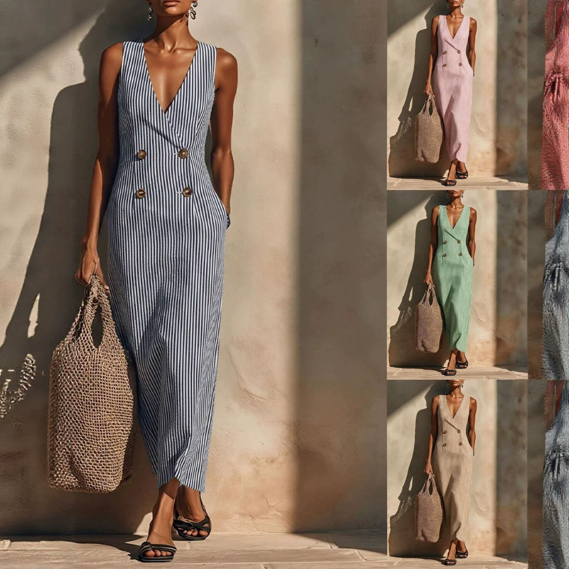 Elegant Striped Button-Front Midi Dress Sleeveless V-Neck A-Line