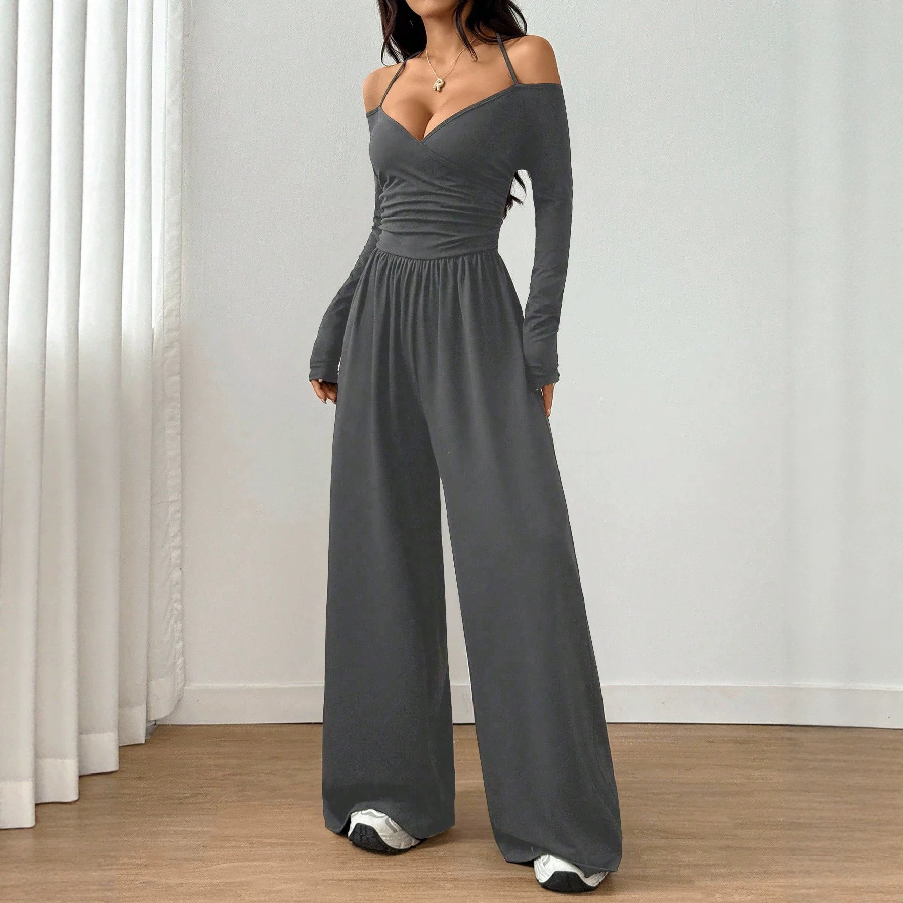 V-Neck Halter Tie Long Sleeve Wide Leg Jumpsuit with Waist