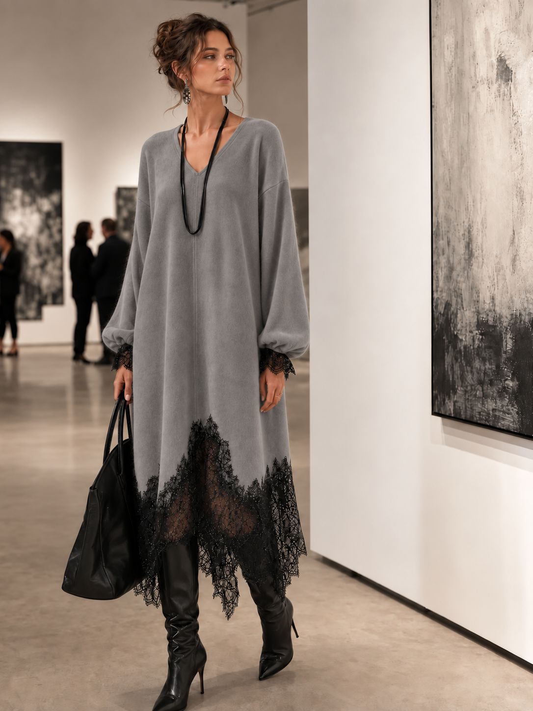 Women's Faux Suede Lace V-Neck Long Sleeve Loose Dress