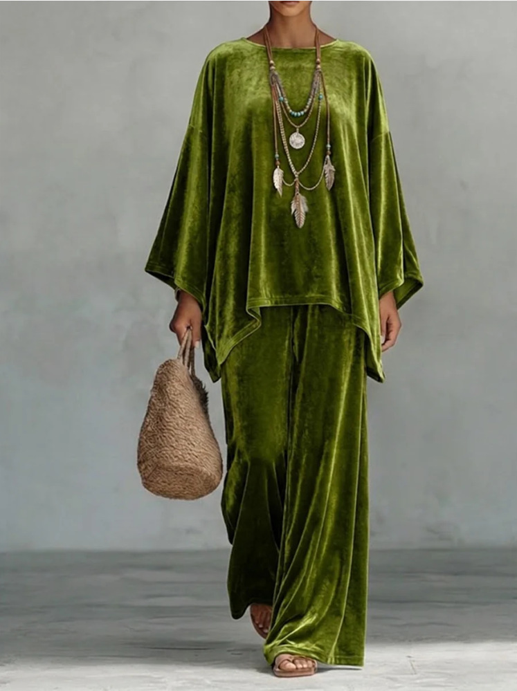 Velvet Round Neck Long Sleeve Loose Top & Wide Leg Pants Set