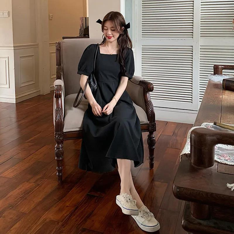 Women's Square Neck A-Line Midi Dress with Short Sleeves and Cinched Waist