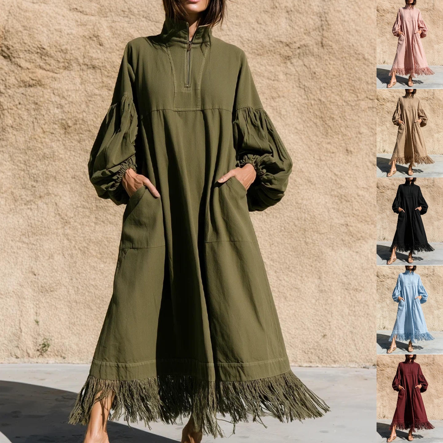 Women's Stand Collar Zip Lantern Sleeve Loose Dress with Fringe Hem