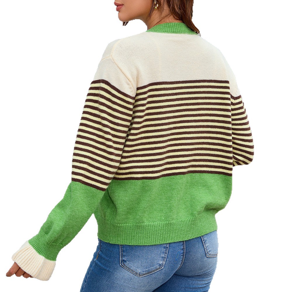 Color-Block Striped Crewneck Knit Cardigan Women's Loose Fit Sweater Coat