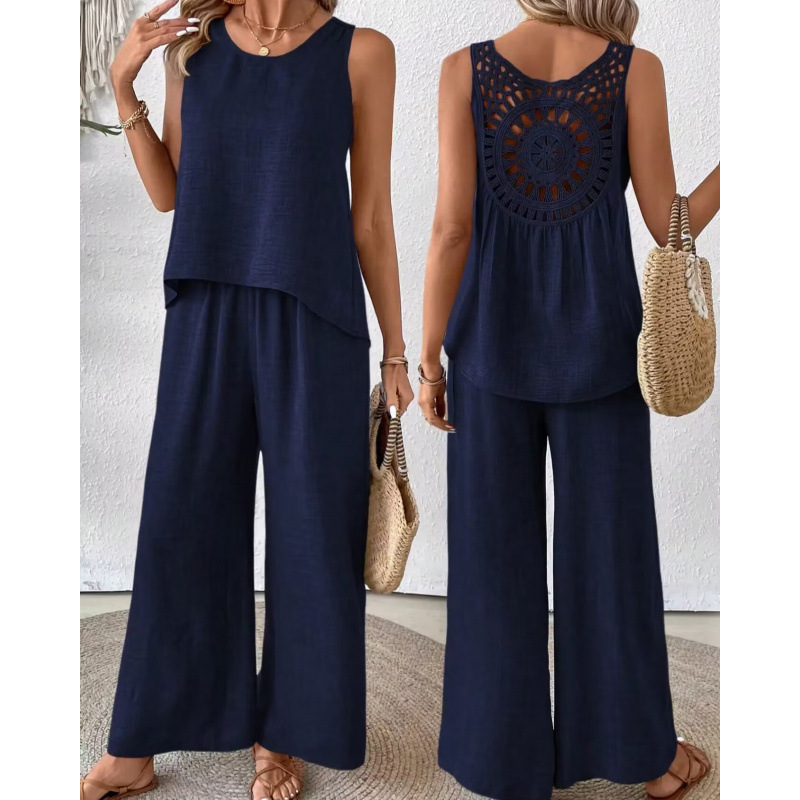 Women's Solid Color Back Cutout Embroidered Sleeveless Top and Pants Set